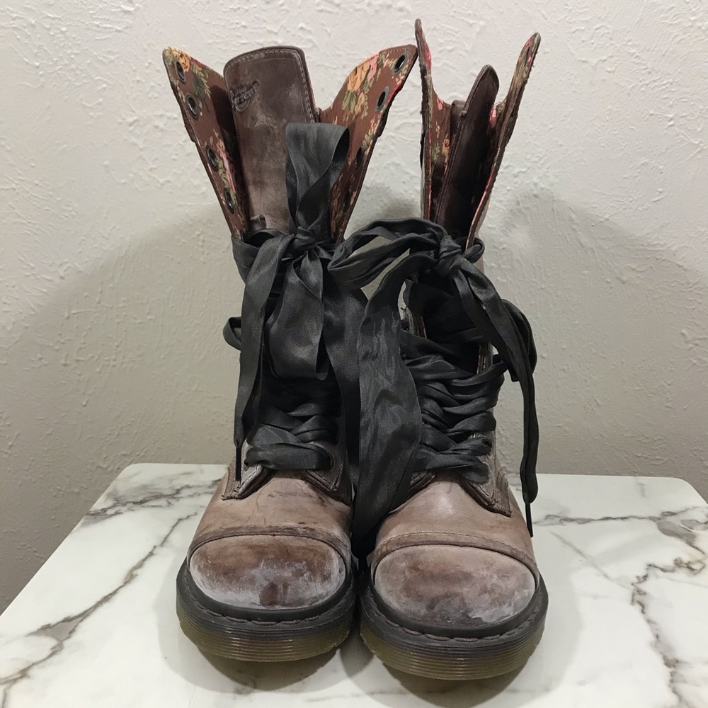 Dr. Martens Brown Combat Boots with Floral Lining